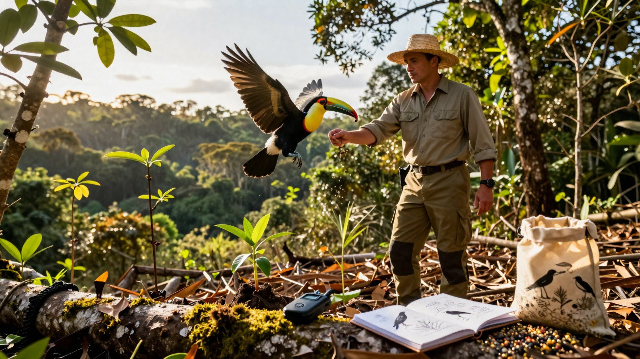 Homem em floresta alimentando tucano com chapéu e livro aberto sobre a natureza.