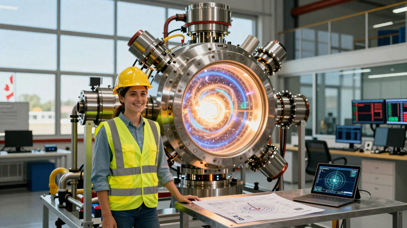 Mulher engenheira com capacete e colete ao lado de equipamento científico avançado em laboratório moderno.