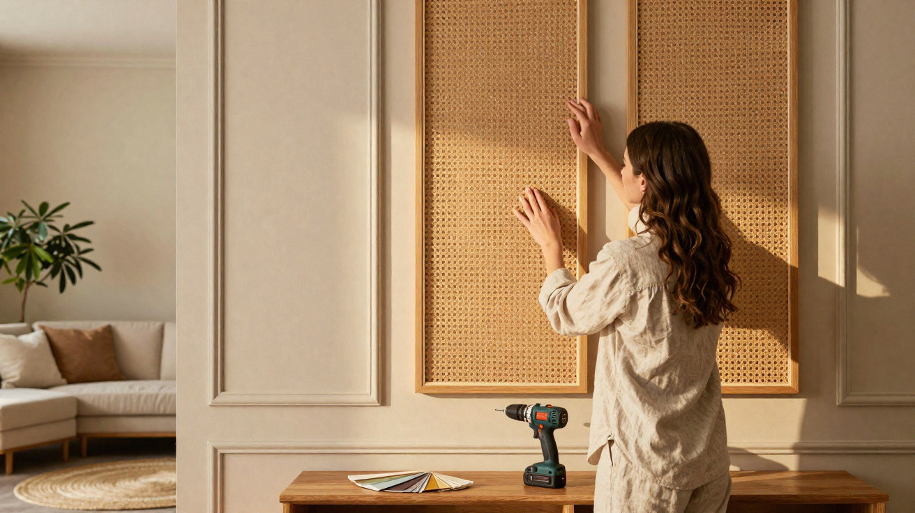 Mulher pendura painel decorativo de palha em parede bege em sala com sofá e planta.