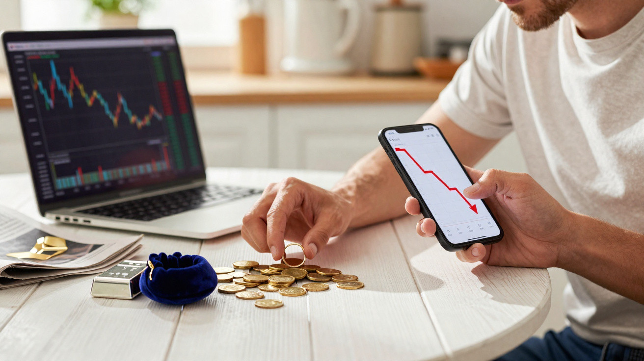 Pessoa segurando celular com gráfico de queda, contando moedas sobre mesa com laptop exibindo gráfico financeiro.