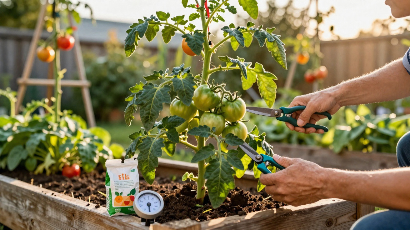 Pessoa podando planta de tomate verde em canteiro com adubo e medidor de umidade no jardim.