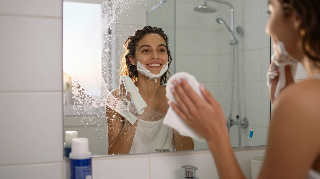 Mulher sorrindo aplica espuma no rosto diante do espelho em banheiro iluminado pela manhã.