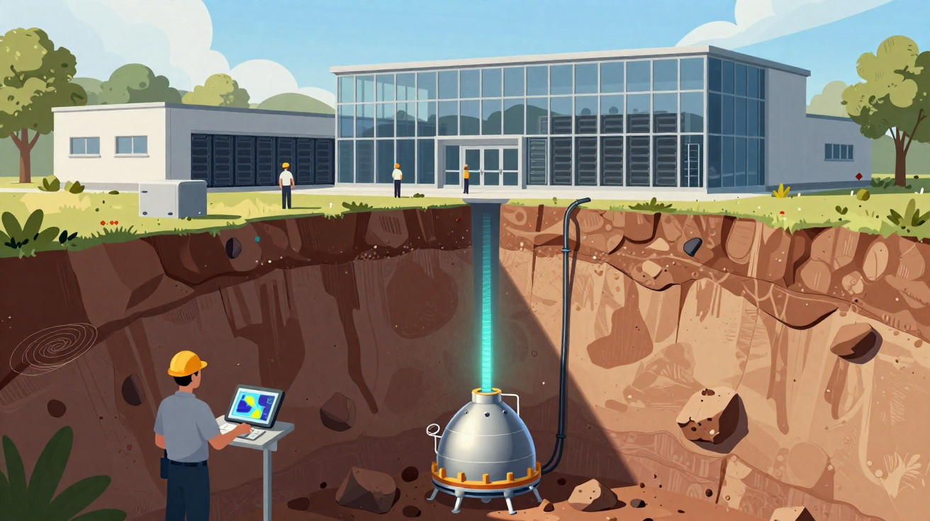 Ilustração de engenheiro operando equipamento tecnológico em escavação profunda perto de prédio moderno com vidros.