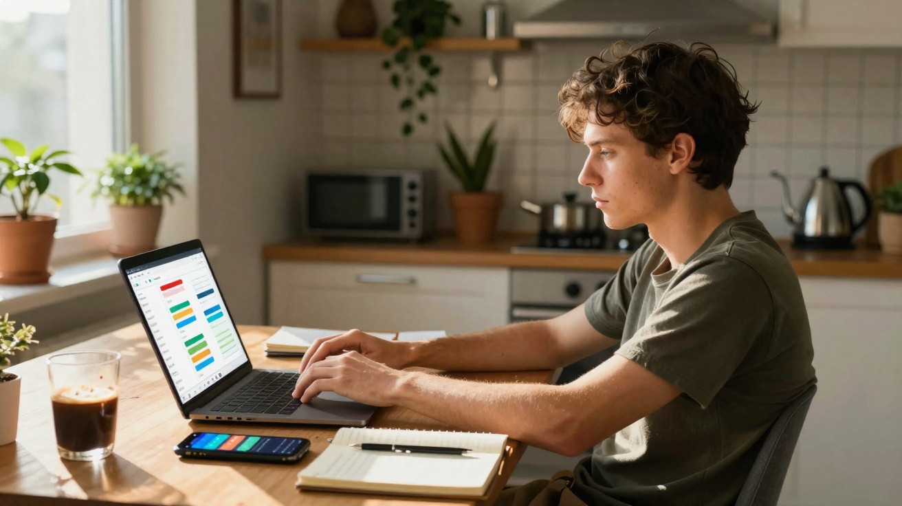 Jovem trabalha em laptop com calendário digital, smartphone, caderno e copo de café em mesa na cozinha.