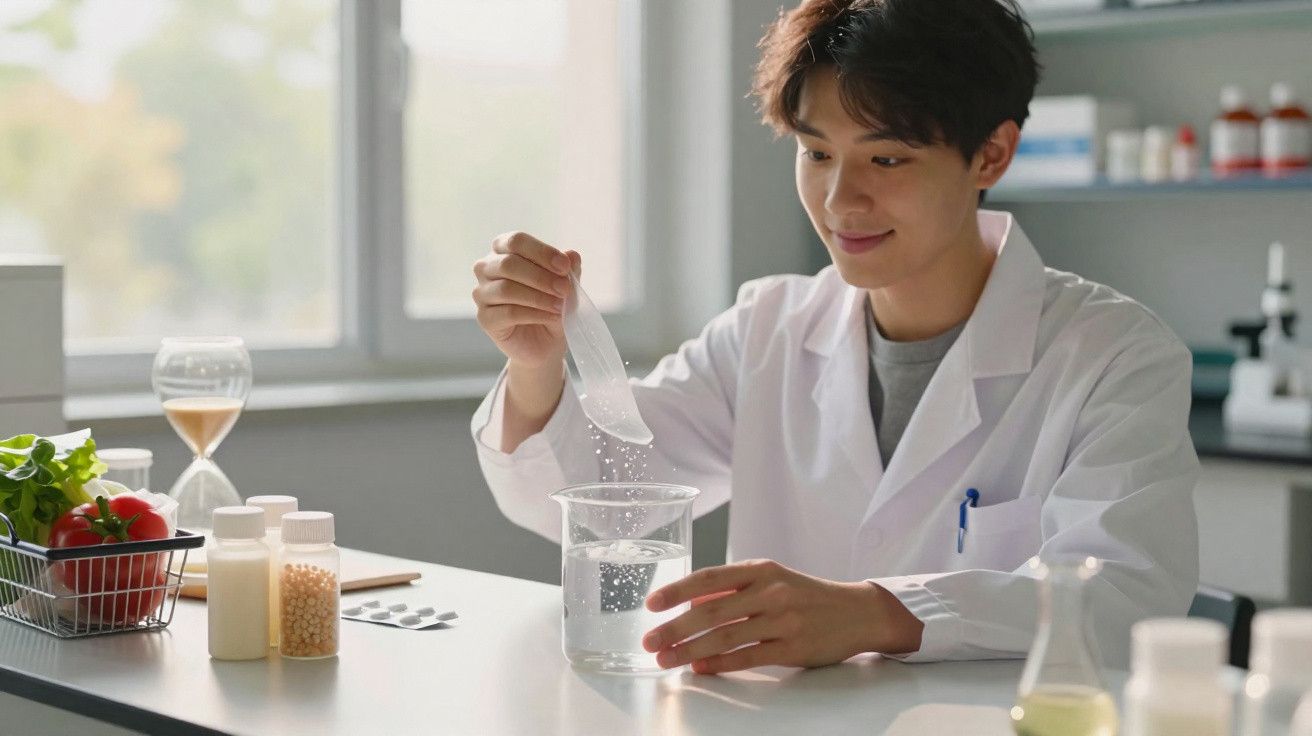 Jovem cientista mexendo pó branco em copo com água em laboratório iluminado e organizado.