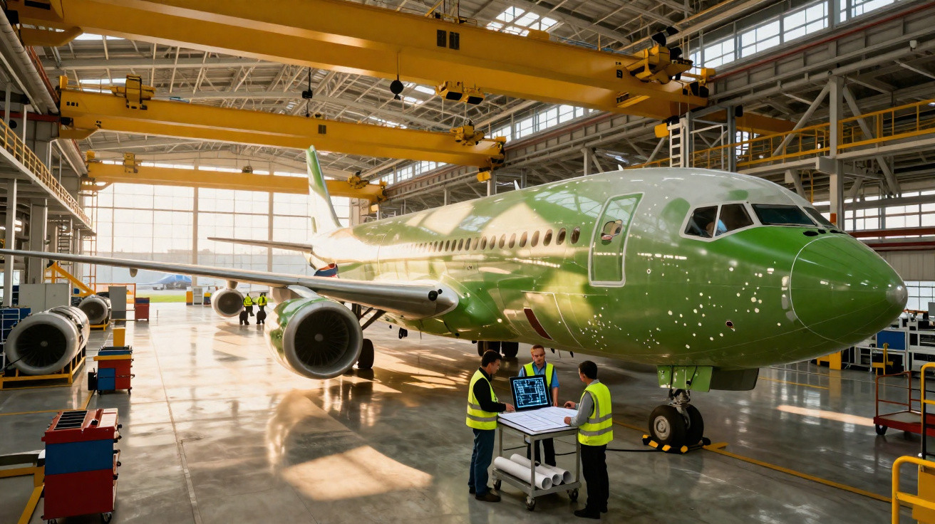 Avião verde em manutenção dentro de hangar com técnicos analisando dados em laptop.