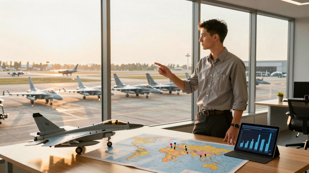 Homem em escritório com maquete de avião, mapa e tablet, observando jatos militares no pátio do aeroporto.