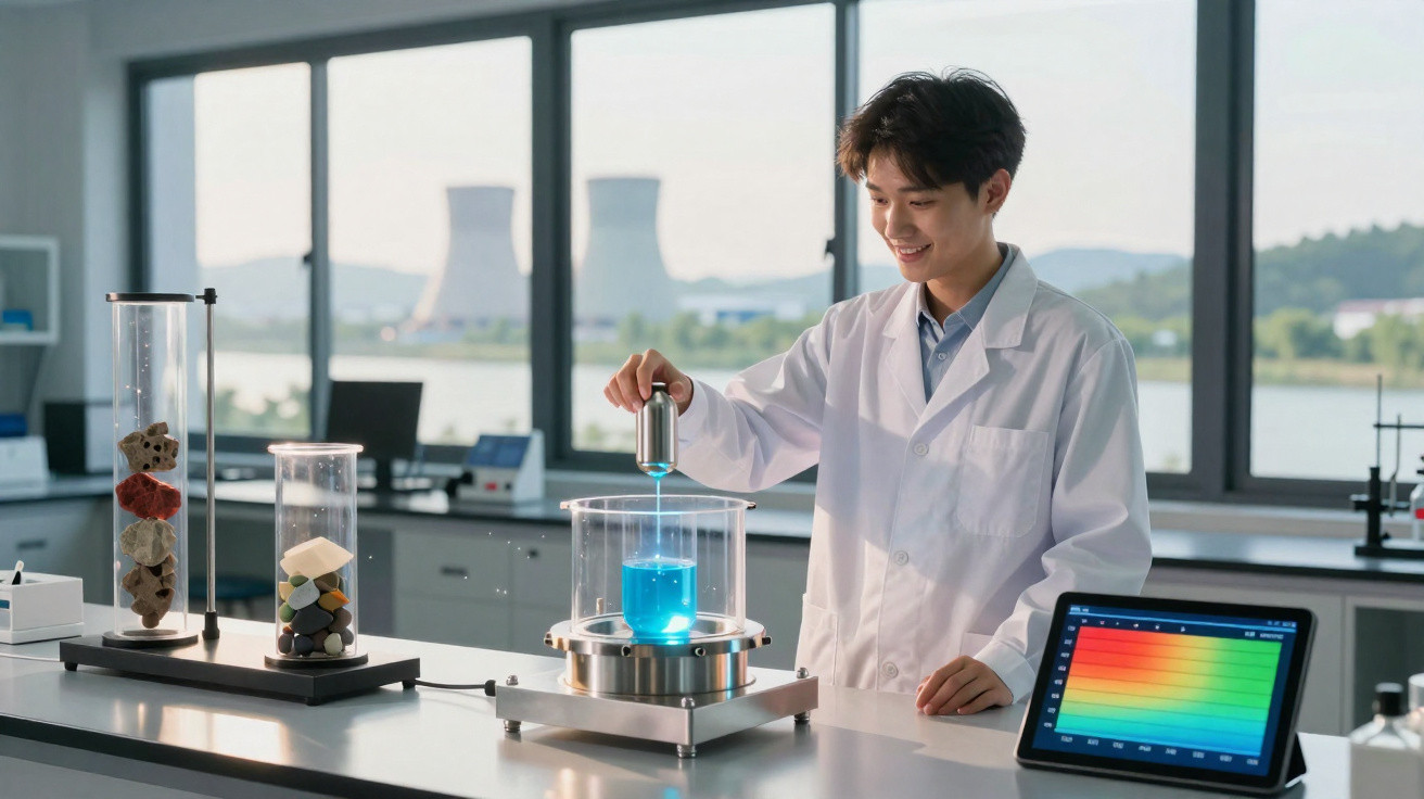 Cientista em laboratório com jaleco manipulando líquido azul em equipamento de vidro com controle digital.