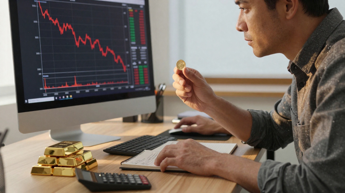 Homem analisa gráfico de queda no mercado financeiro segurando moeda de ouro, com barras de ouro na mesa.