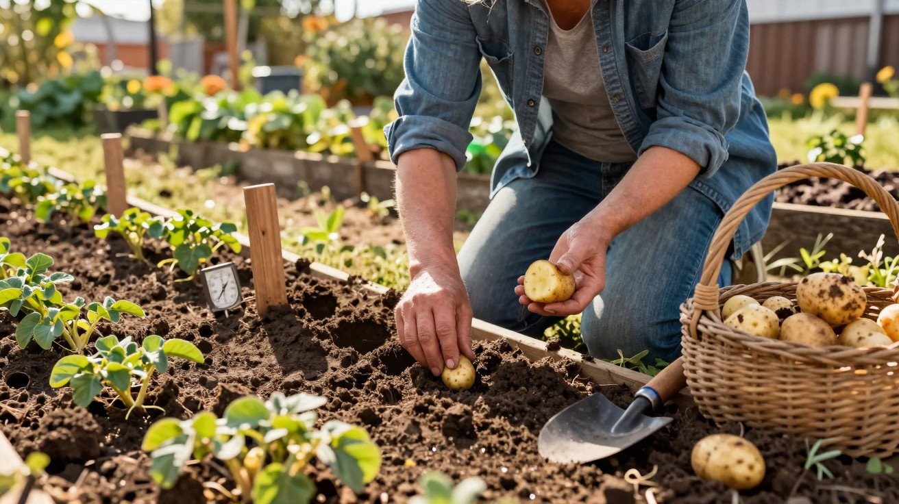 Pessoa planta batatas em canteiro de terra em horta caseira com cesta cheia de batatas ao lado.