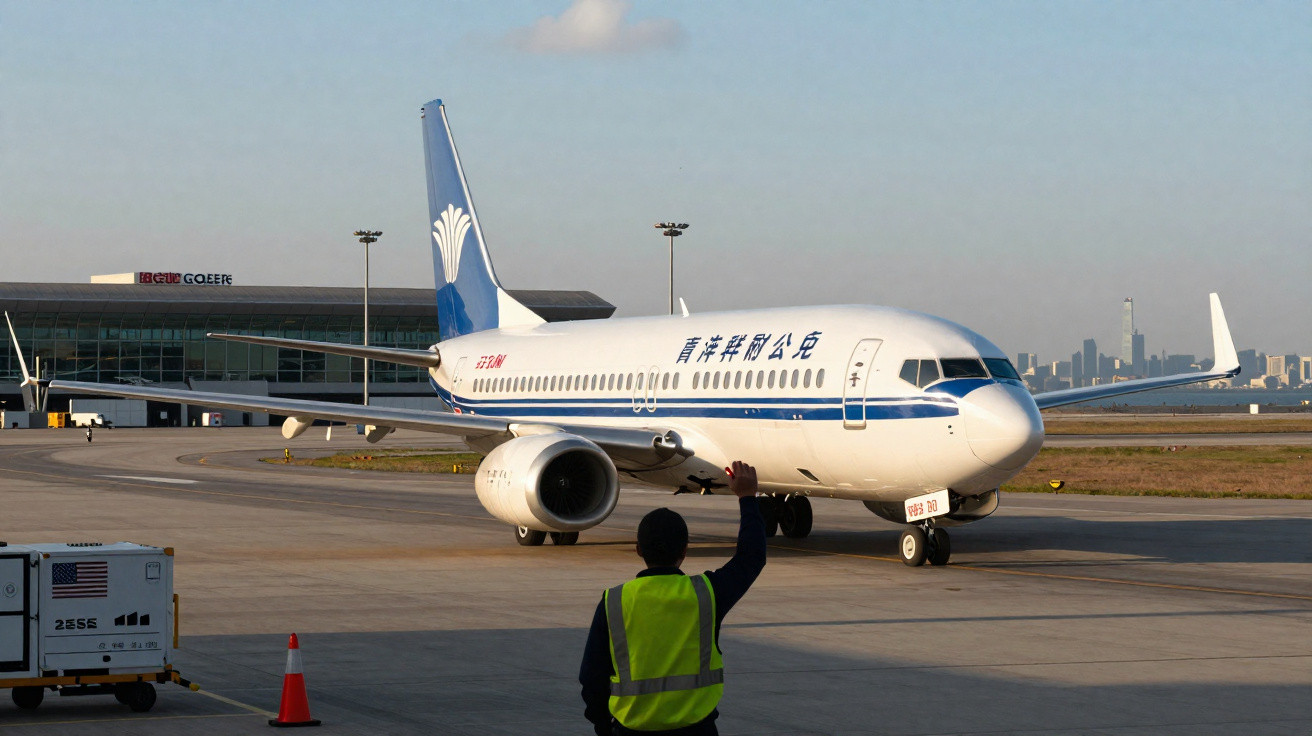 Funcionário de aeroporto sinaliza para avião com marcações em chinês em pista de aeroporto ao entardecer.