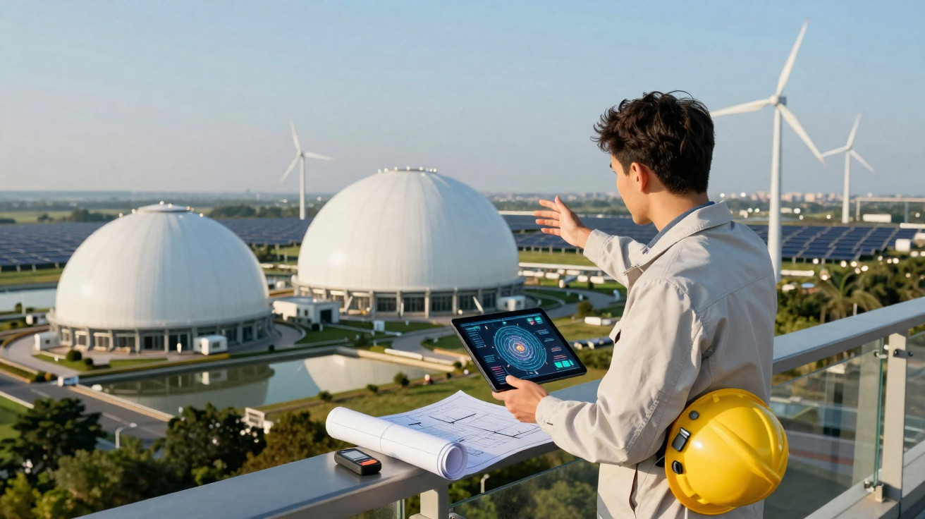 Engenheiro analisando usina de energia com painéis solares, turbinas eólicas e cúpulas brancas, segurando tablet e capacete.