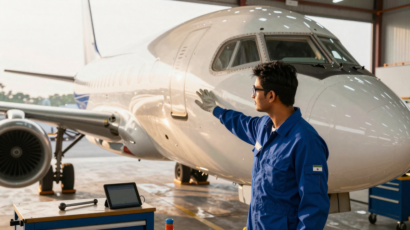 Técnico de manutenção inspecionando a fuselagem de uma aeronave branca em hangar.