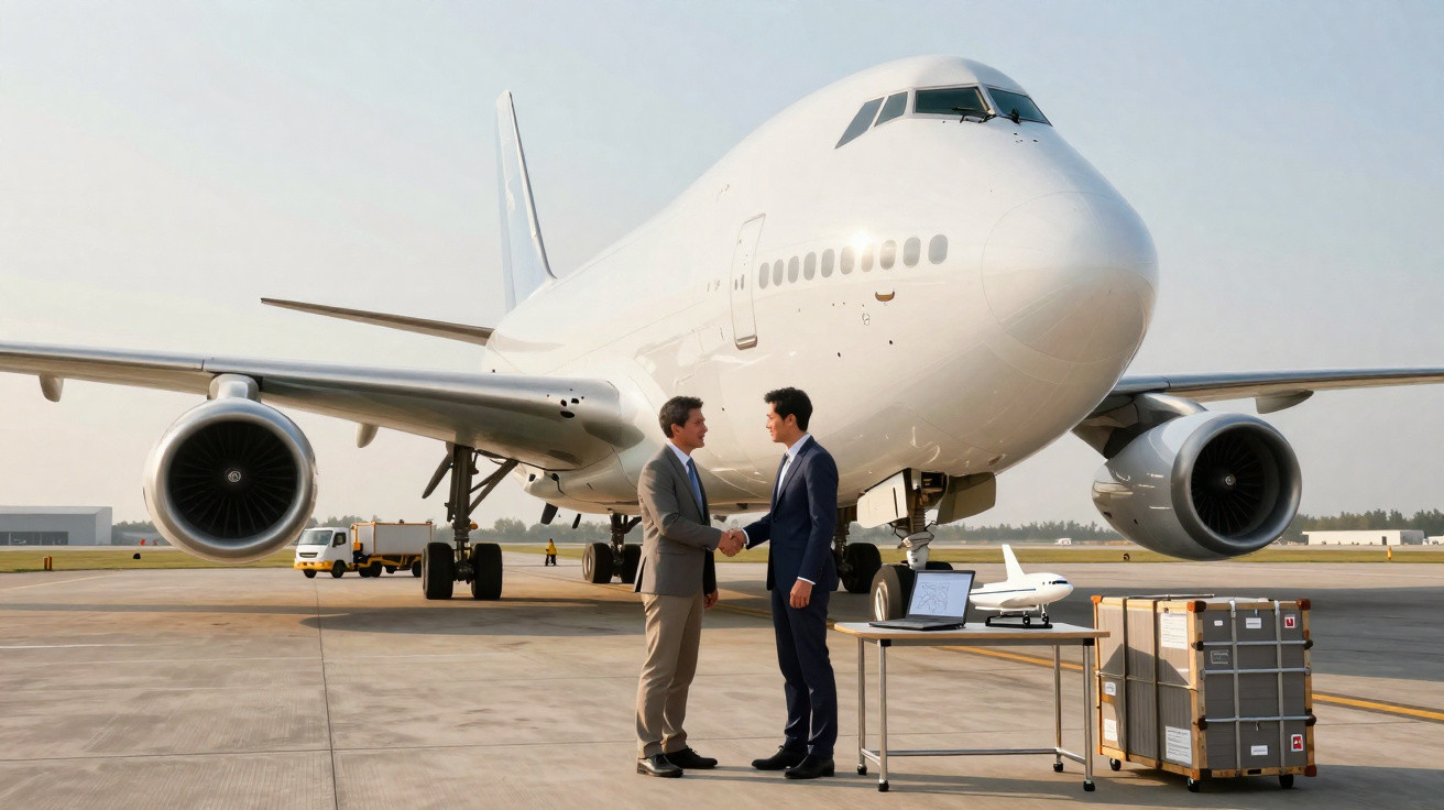 Dois homens em ternos apertam as mãos em frente a um avião comercial estacionado no aeroporto.