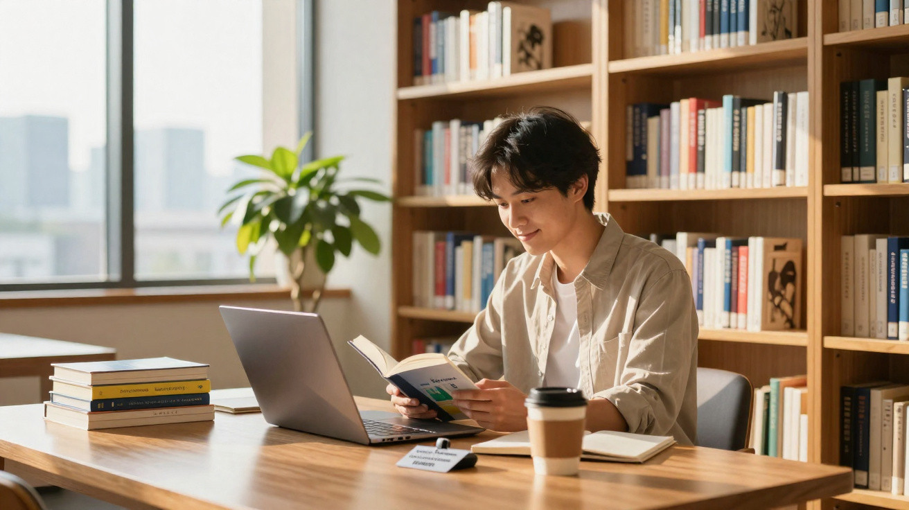 Jovem estudando com livro e laptop em biblioteca iluminada por luz natural ao lado de xícara de café.