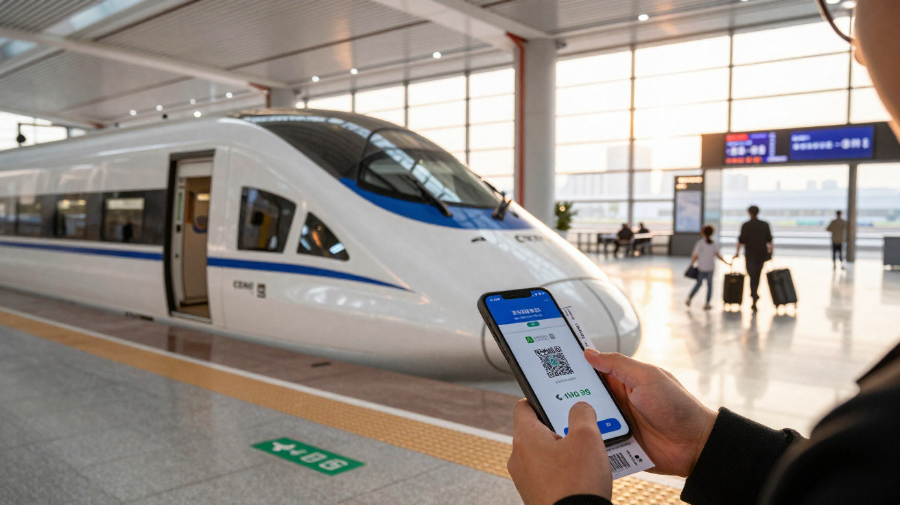 Pessoa segurando celular com bilhete eletrônico de trem em estação ao lado de trem de alta velocidade branco.