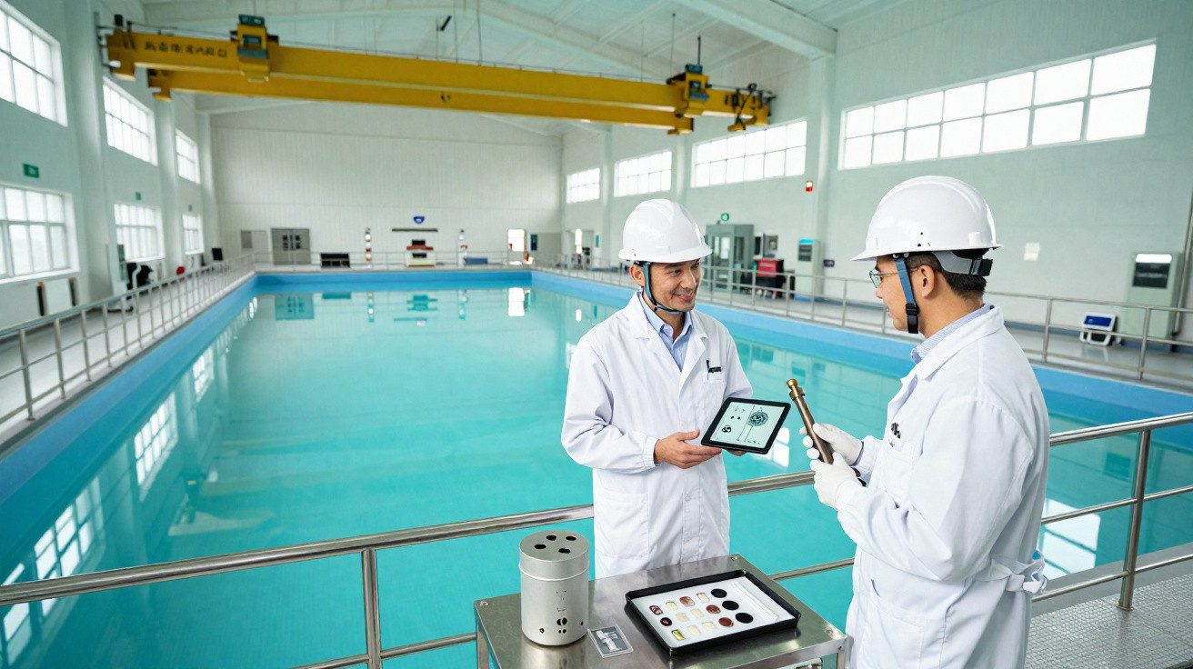 Dois técnicos com capacetes brancos inspecionando a qualidade da água em uma piscina industrial.