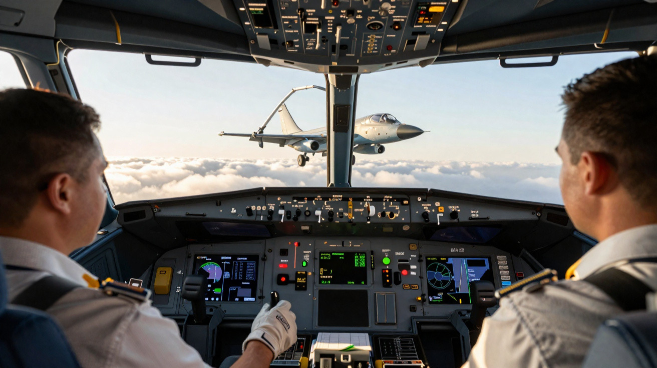 Painel de controle de avião com dois pilotos e jato militar voando entre nuvens ao fundo.