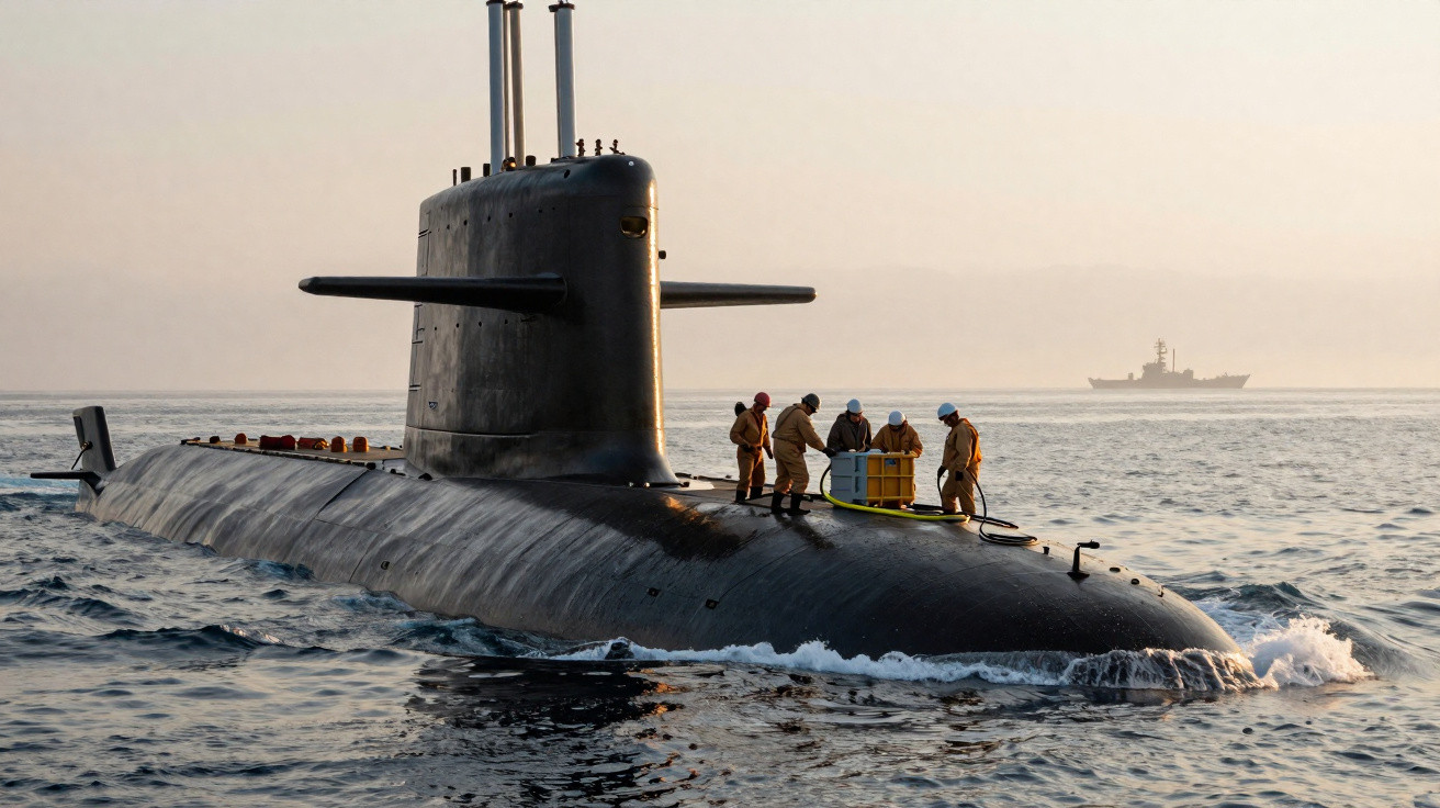 Submarino preto com seis tripulantes no convés em mar calmo ao pôr do sol e navio ao fundo.