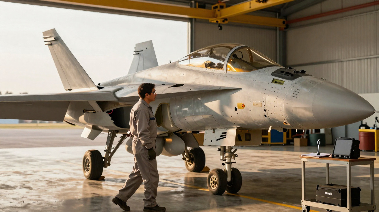 Técnico caminhando ao lado de caça militar estacionado em hangar durante manutenção.