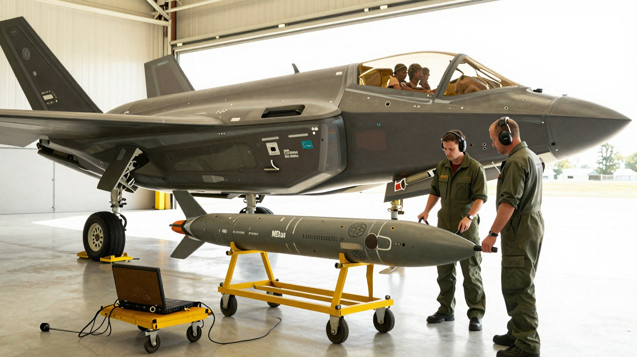 Dois militares em hangar operam equipamento próximo a míssil e jato militar F-35 estacionado.