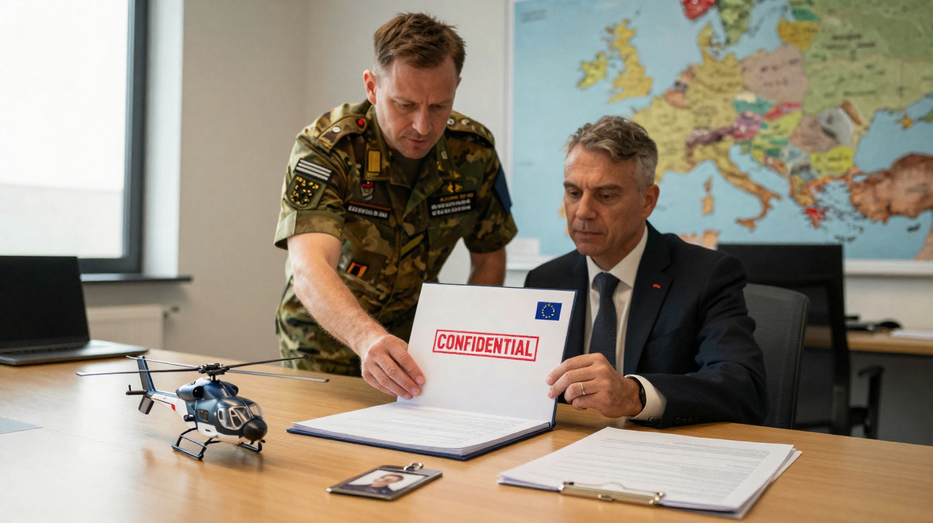 Militar e homem de terno analisam documento confidencial em mesa com helicóptero em miniatura e mapa da Europa ao fundo.