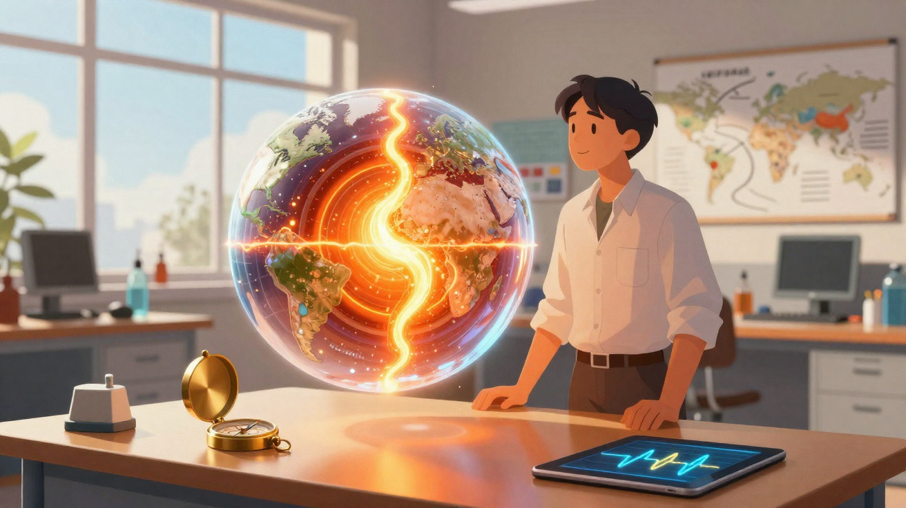 Homem observa globo terrestre holográfico mostrando o interior da Terra em sala de aula moderna.