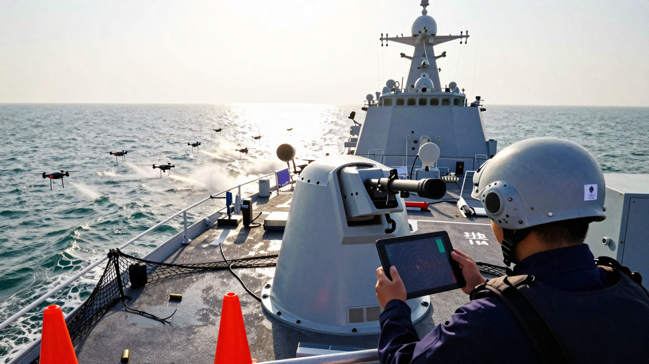 Militar em navio de guerra controlando drones voadores sobre o mar ao entardecer.