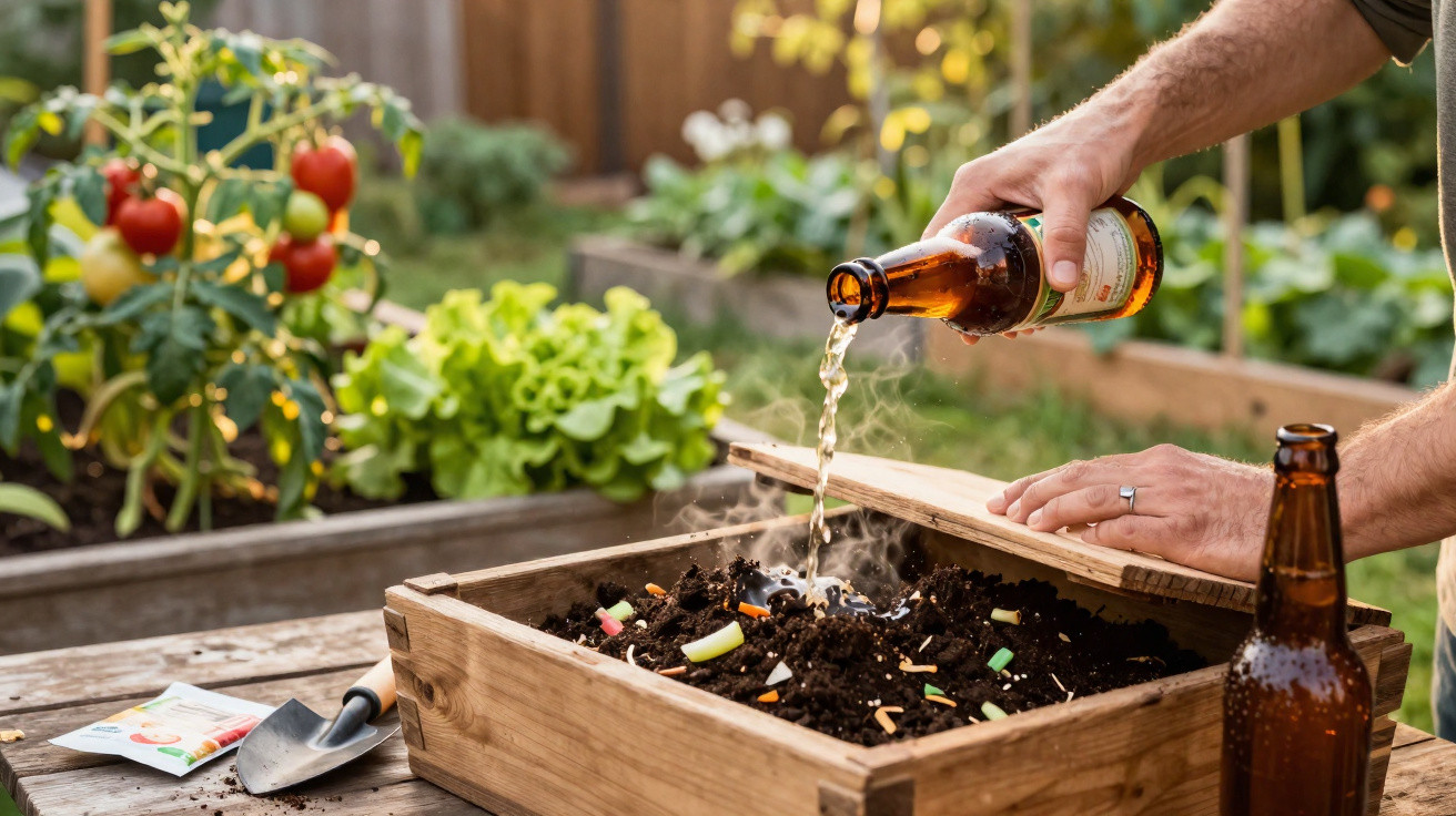 Pessoa derramando cerveja na compostagem caseira em caixa de madeira em jardim com hortaliças.