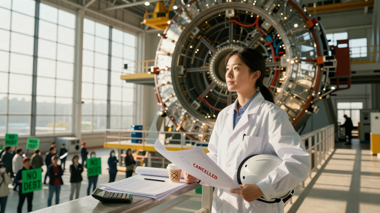 Mulher cientista em jaleco com capacete, segurando papel "Cancelled", em laboratório com máquina grande ao fundo.