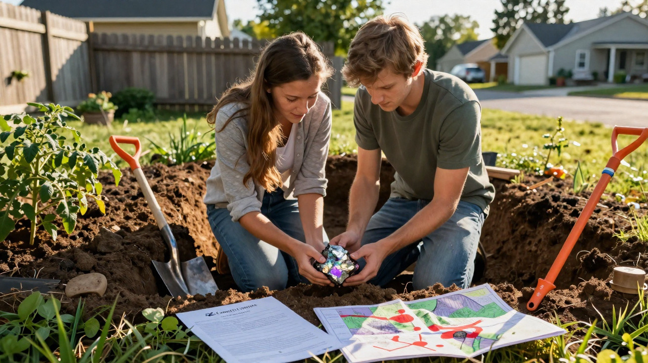 Casal jovem escava no jardim, examinando objeto brilhante com mapas e documentos ao redor.