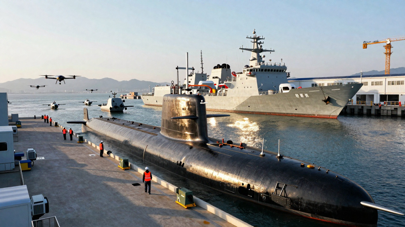 Submarino preto atracado em porto com navio de guerra cinza e drones voando ao fundo, pessoas com coletes laranja.