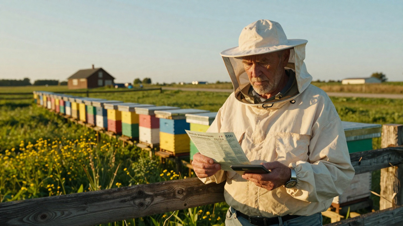 Apicultor de roupa protetora lendo informações perto de colmeias coloridas em área rural ao pôr do sol.