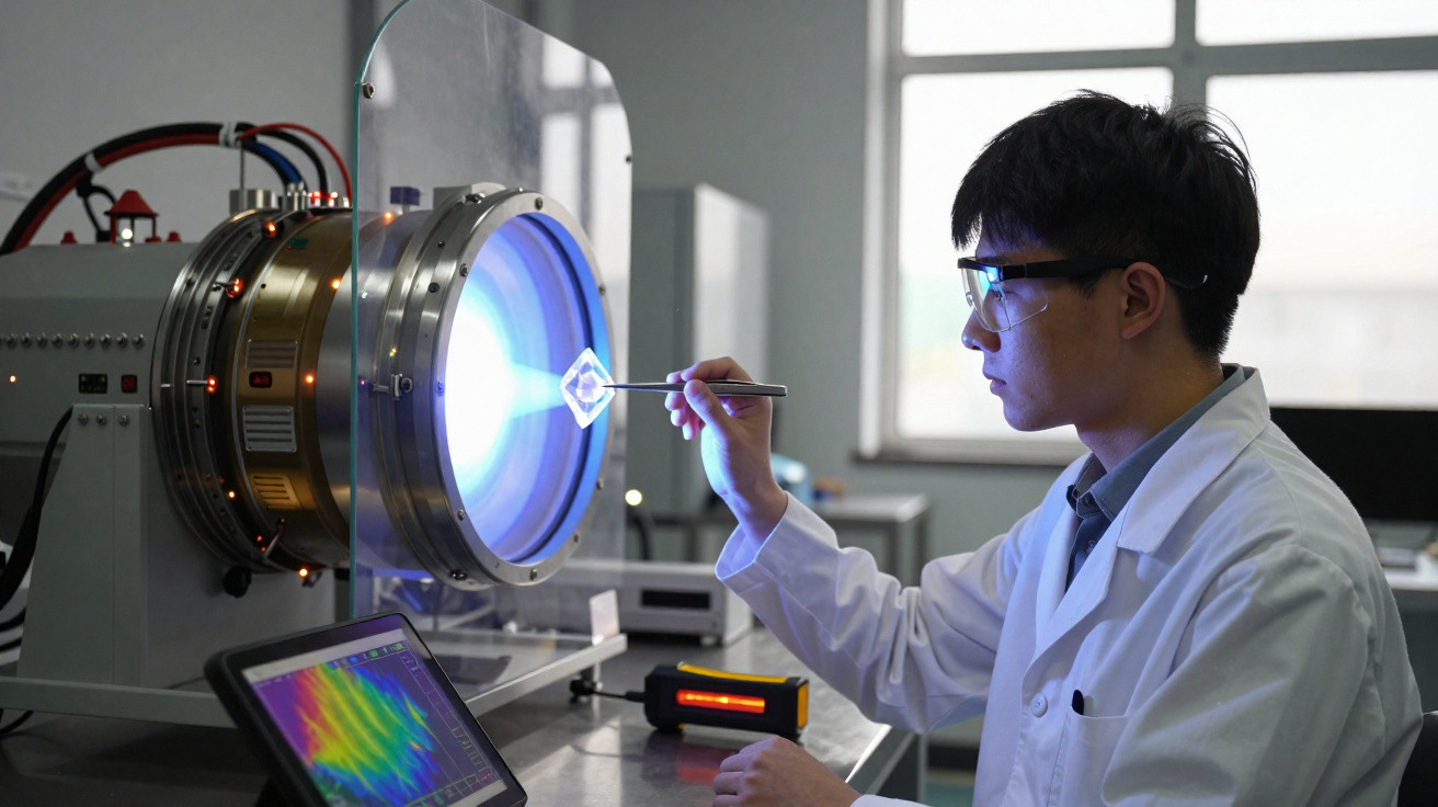 Cientista em laboratório manuseia objeto iluminado por máquina com luz azul em ambiente tecnológico.