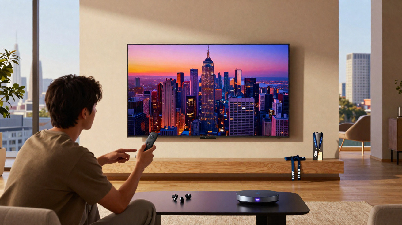 Homem sentado em sala moderna controlando TV com imagem da cidade de Nova York ao entardecer.