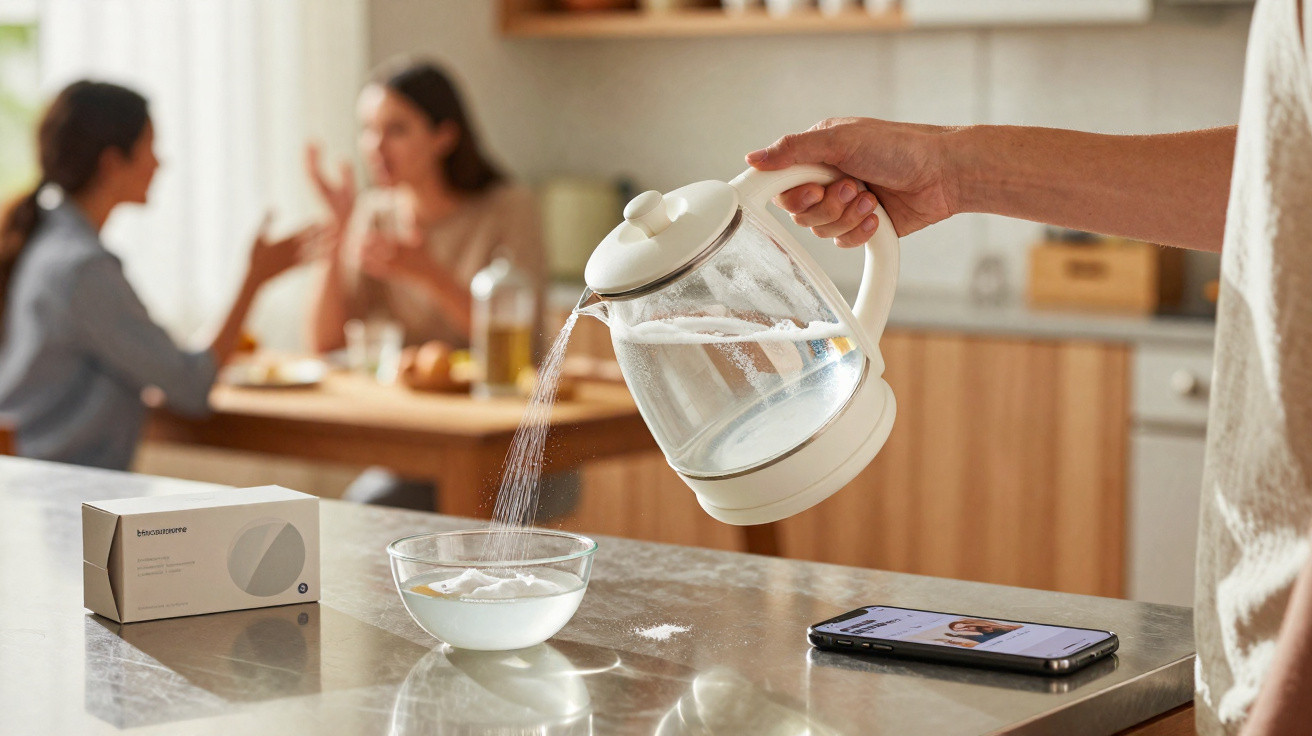 Pessoa despejando água quente em uma tigela com sachês em cozinha moderna, com duas pessoas ao fundo conversando.