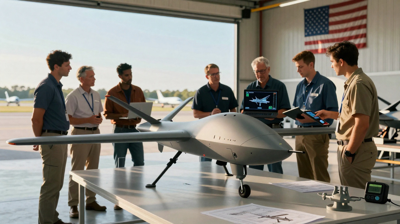 Equipe reunida em hangar ao redor de modelo de drone militar posicionado sobre mesa para análise.