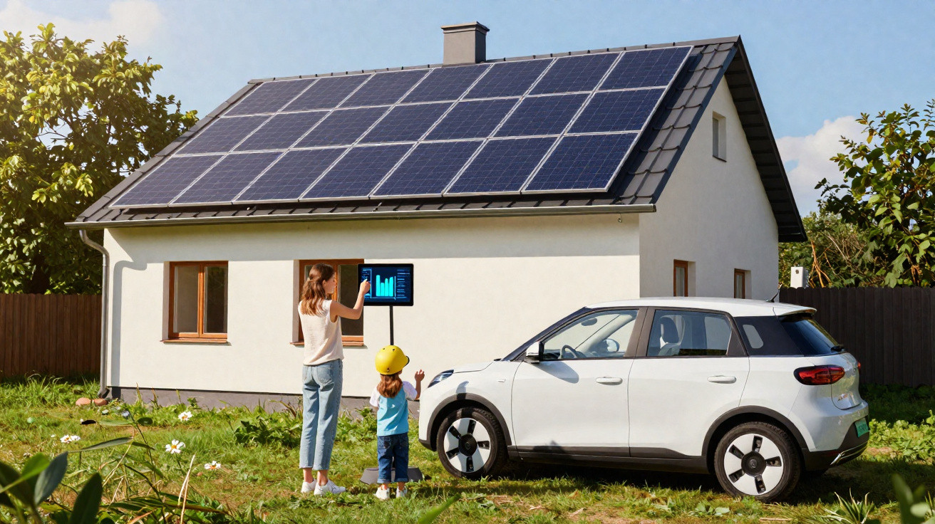 Casa com painéis solares no telhado, mulher e criança observando monitor e carro elétrico branco estacionado no jardim.