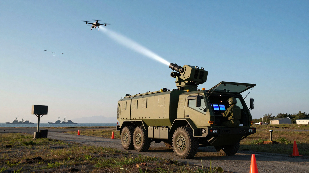 Veículo militar equipado dispara feixe de luz em direção a drone voando no céu claro.