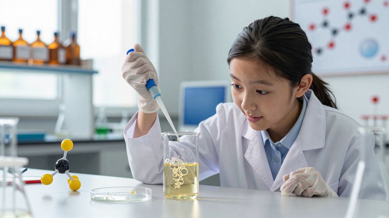 Jovem cientista em laboratório usando pipeta para manipular líquido amarelo em béquer, com molécula de modelo ao lado.
