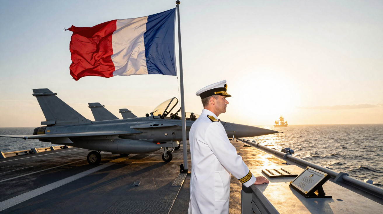 Oficial naval em uniforme branco observa o mar em convés de porta-aviões com jatos e bandeira da França ao vento.