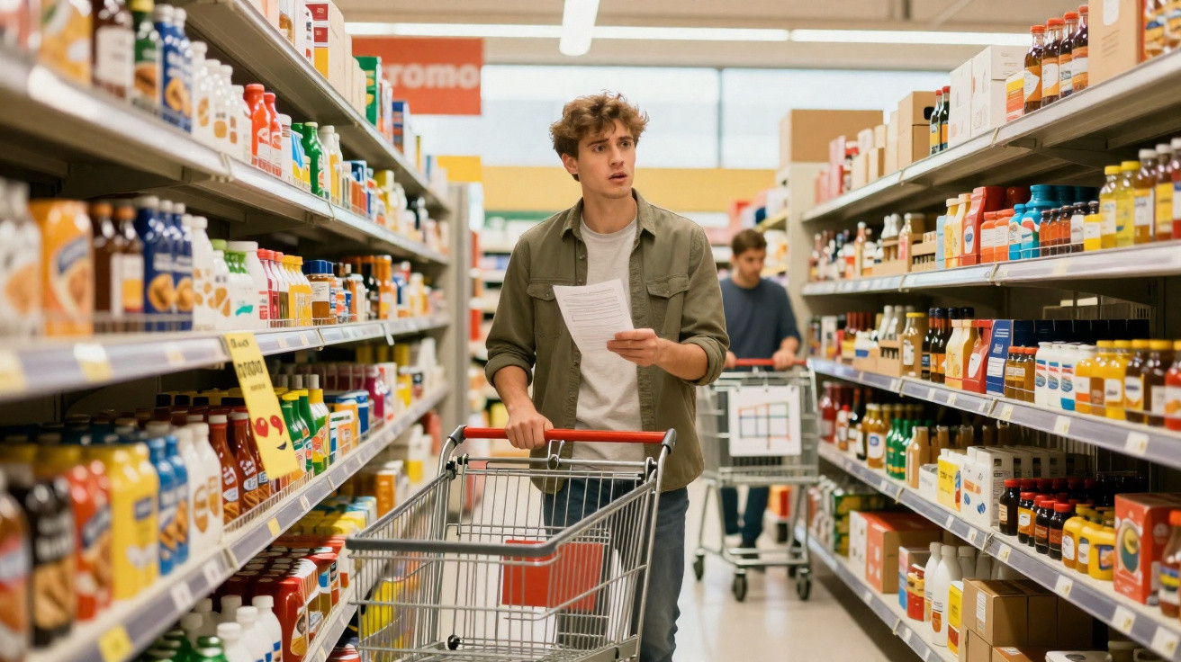 Jovem com lista de compras empurra carrinho em corredor de supermercado cheio de produtos variados.