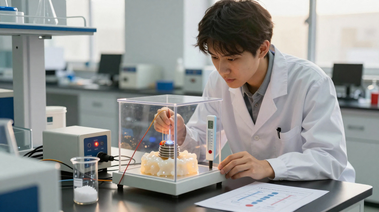 Cientista jovem usando jaleco realiza experimento com equipamento e gráfico em laboratório moderno.