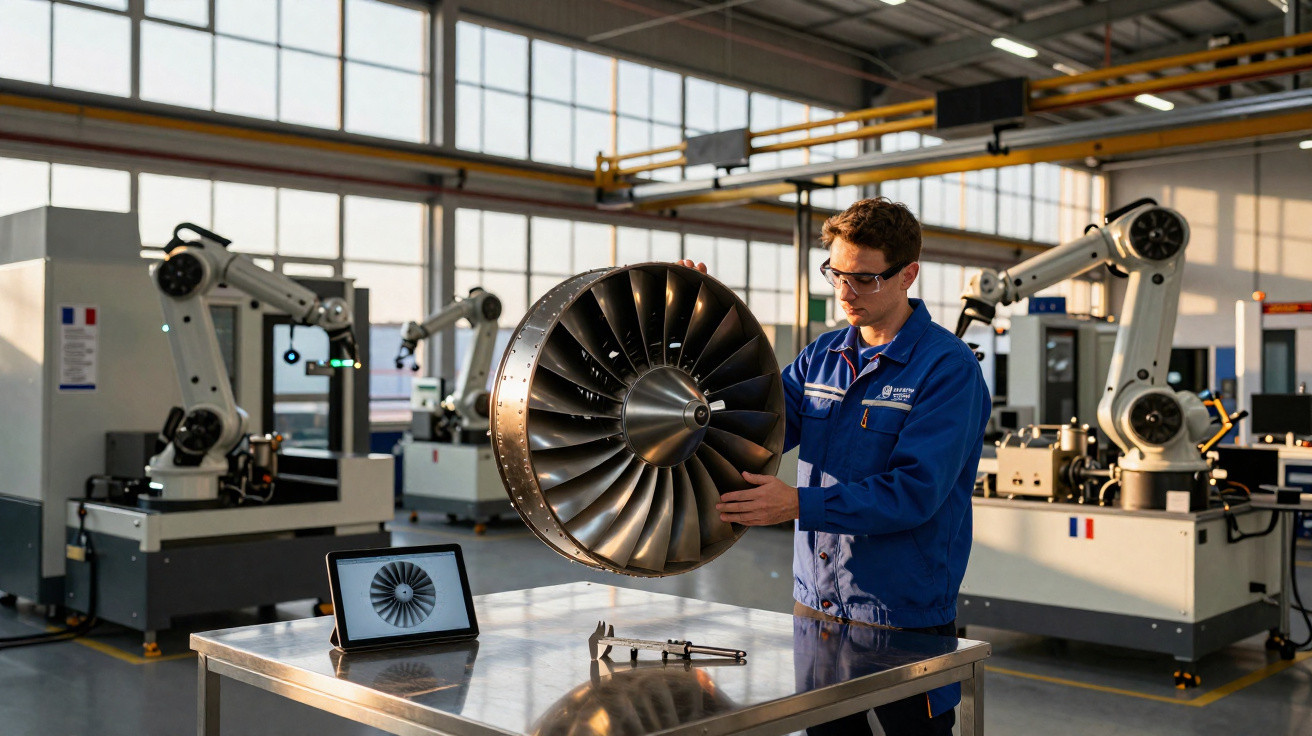 Homem com macacão azul inspeciona turbina de motor a jato em laboratório com robôs industriais ao fundo.
