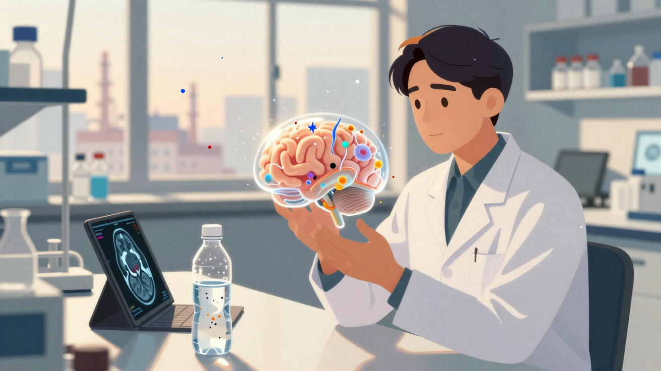 Cientista segurando modelo holográfico de cérebro em laboratório com computador e frascos ao fundo.