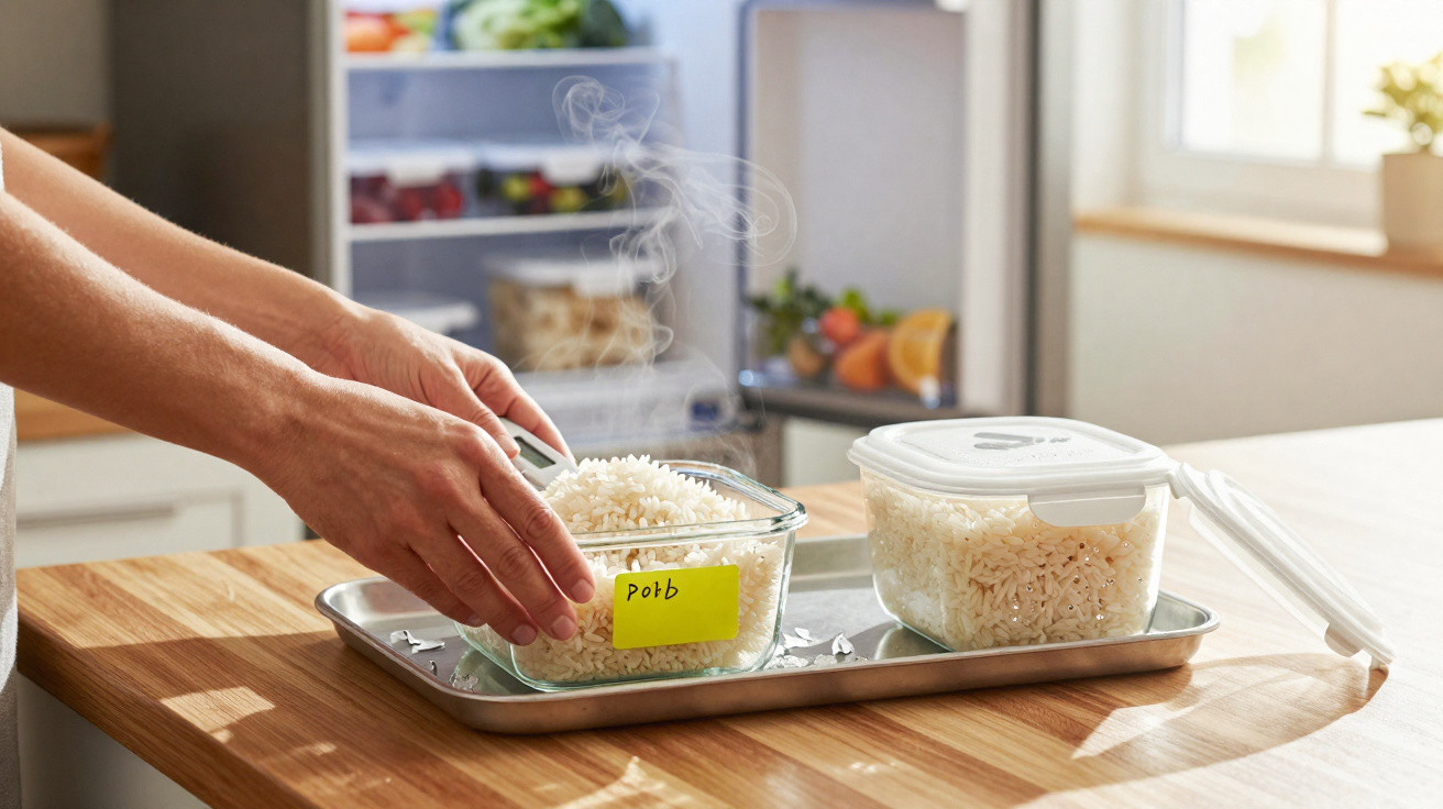 Mãos segurando recipiente de vidro com arroz quente sobre bancada de cozinha perto da geladeira aberta.