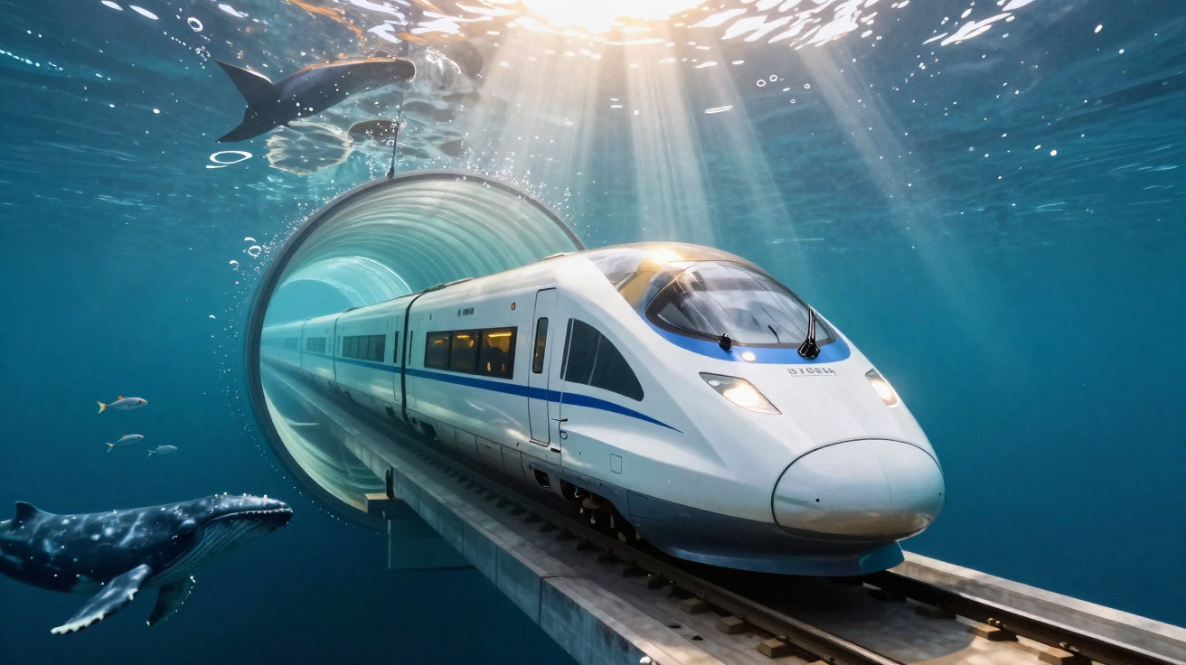 Trem moderno viajando em túnel subaquático com baleias e peixes ao redor em águas claras.