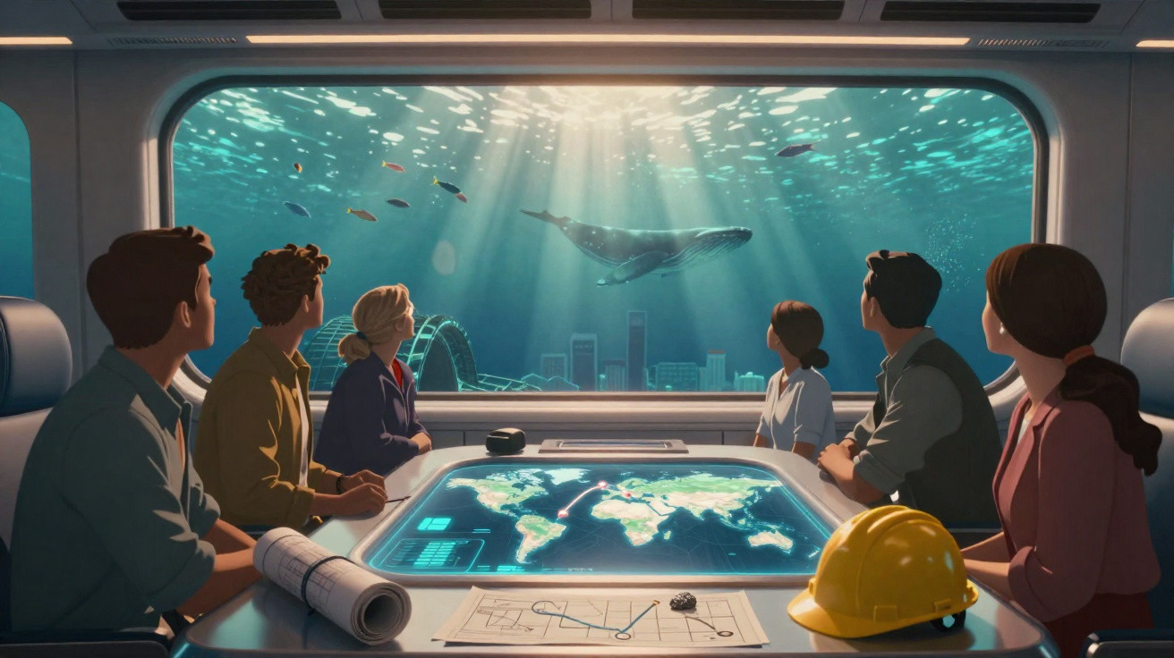Grupo observando uma baleia gigante e peixes através da janela de uma sala com mesa digital e capacete amarelo.