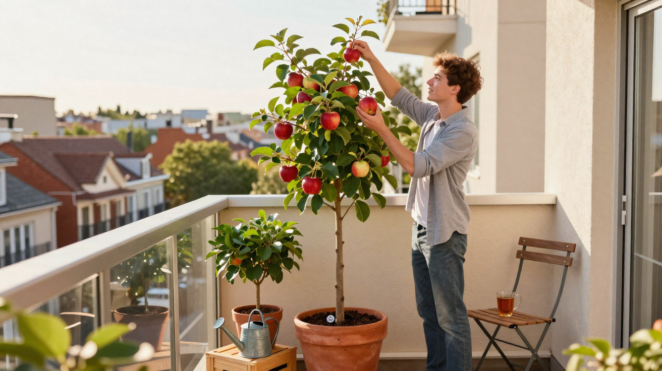 Jovem colhendo maçãs em uma árvore frutífera em varanda de apartamento ensolarada.