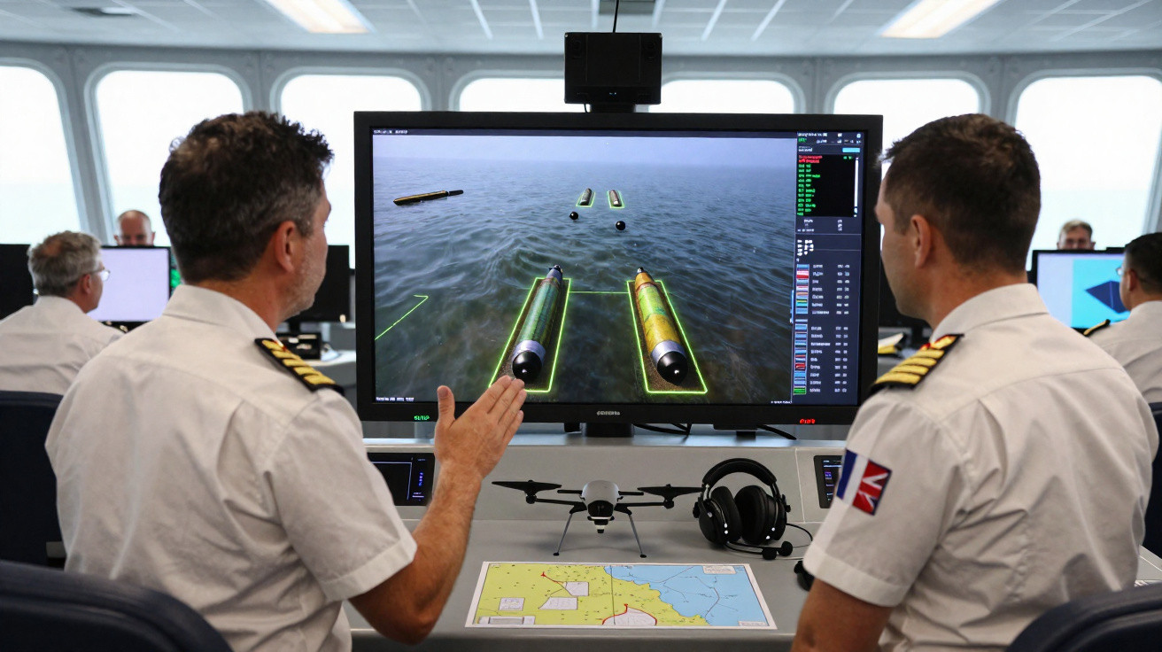 Dois oficiais em uniforme observam simulação de torpedos guiados em tela dentro de sala de comando naval.